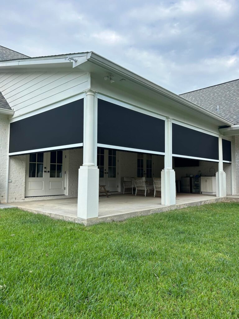 Covered patio motion screens installed for outdoor comfort and sun protection in Lafayette, LA