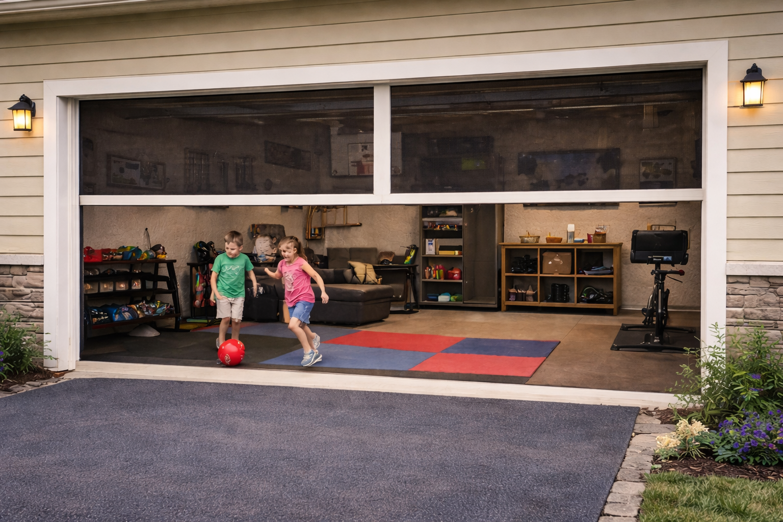 Garage motion screens creating a ventilated family-friendly indoor outdoor space in Lafayette, LA