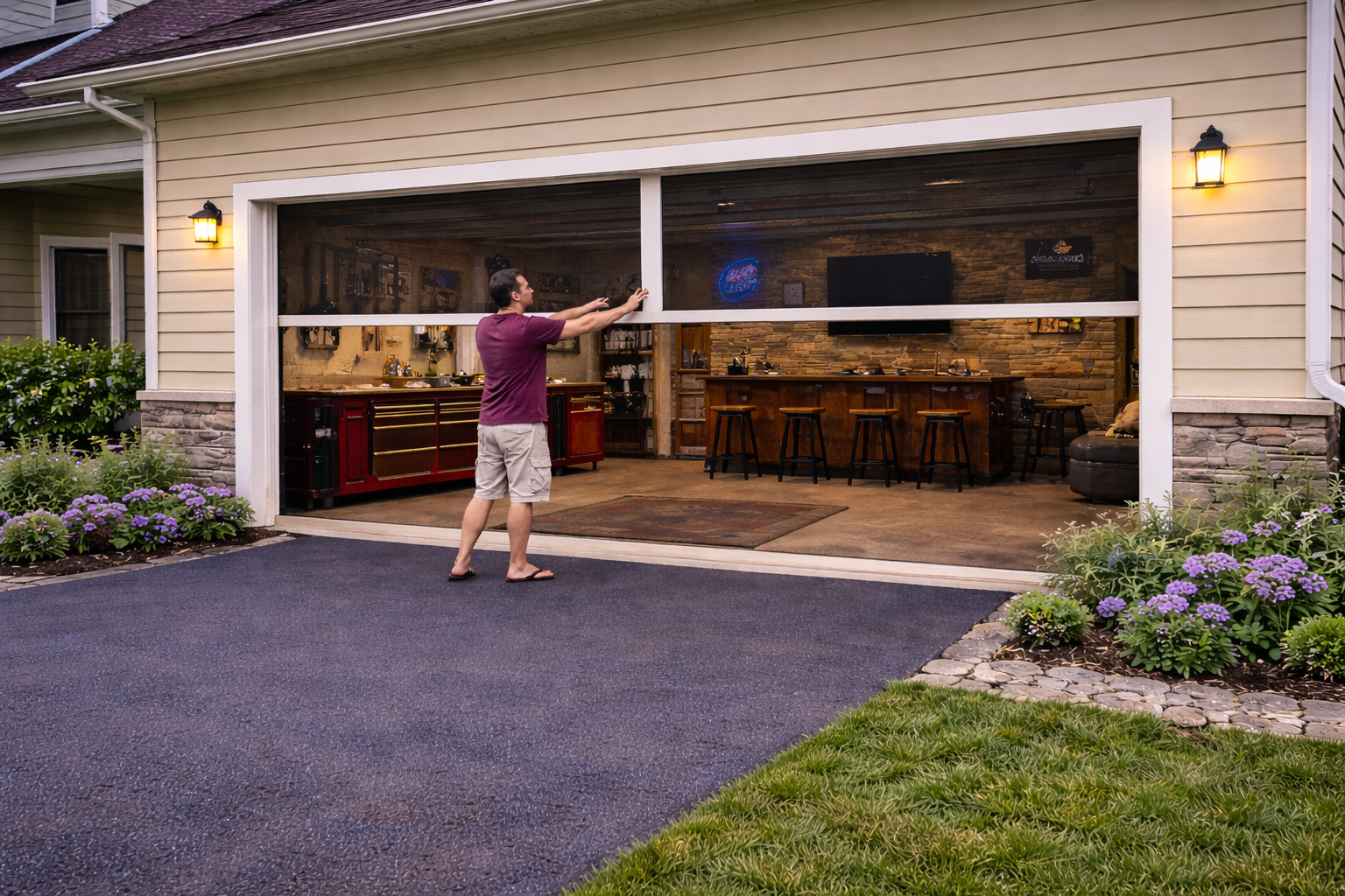 Motorized garage motion screens enclosing a home gym space for airflow and comfort in Lafayette, Louisiana