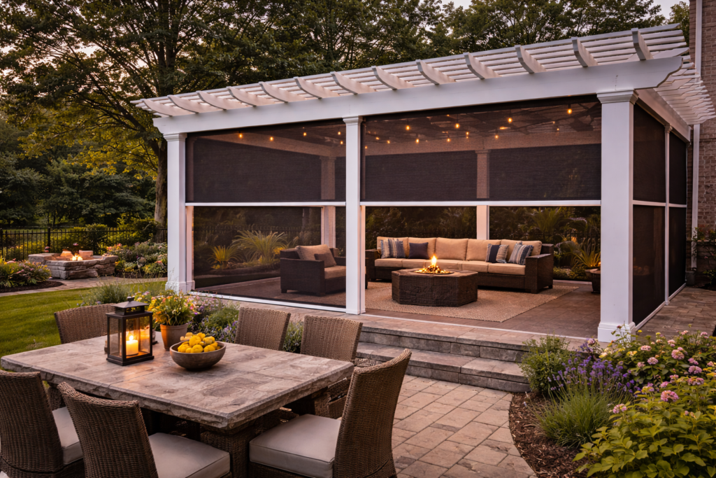 Pergola motion screens creating a shaded and comfortable outdoor living space in Lafayette, LA