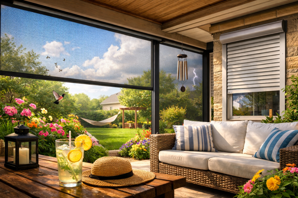 Patio motion screens providing shade, airflow, and privacy for an outdoor seating area in Lafayette, Louisiana