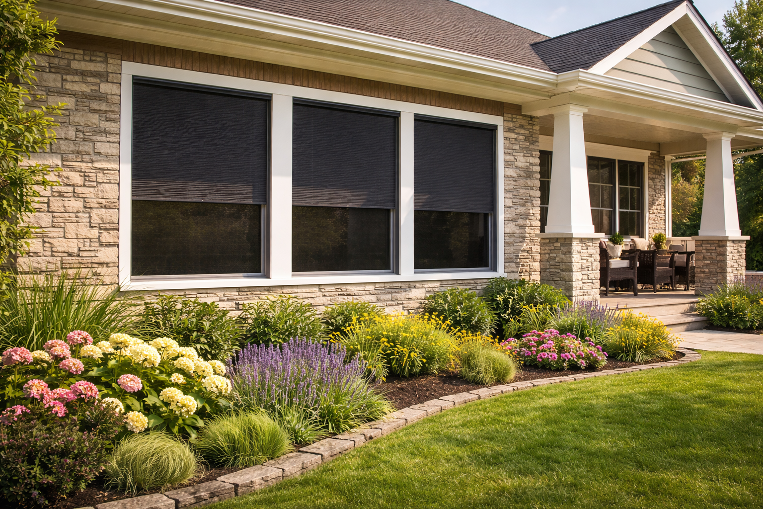 Motion screens installed on a front porch to improve comfort and privacy in Lafayette, LA