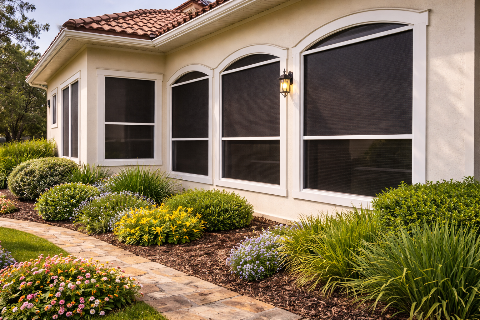 Fixed privacy motion screens enclosing a patio for shade and privacy in Lafayette, Louisiana