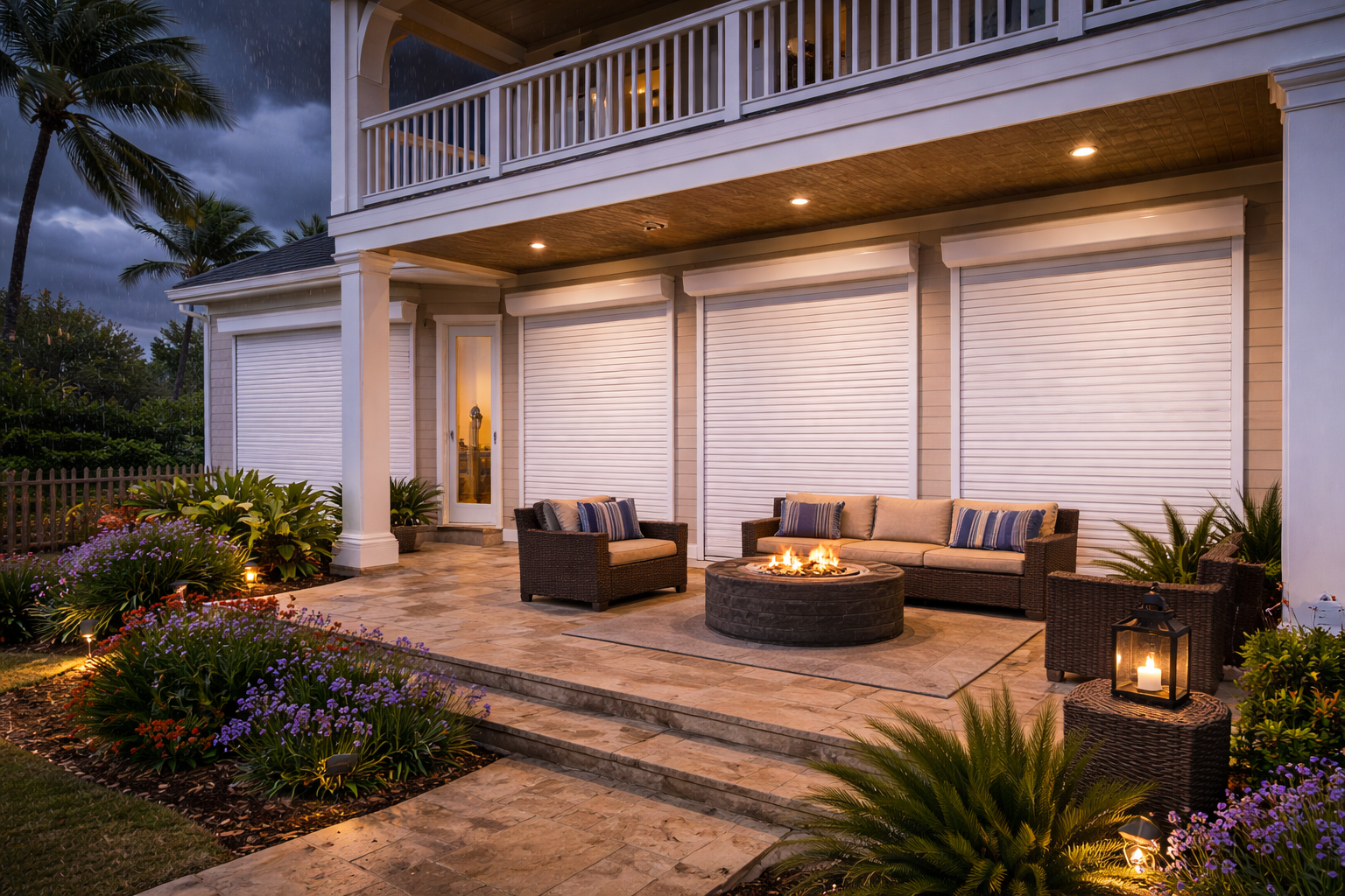 Motorized patio motion screens installed on a covered patio with outdoor lighting in Lafayette, Louisiana
