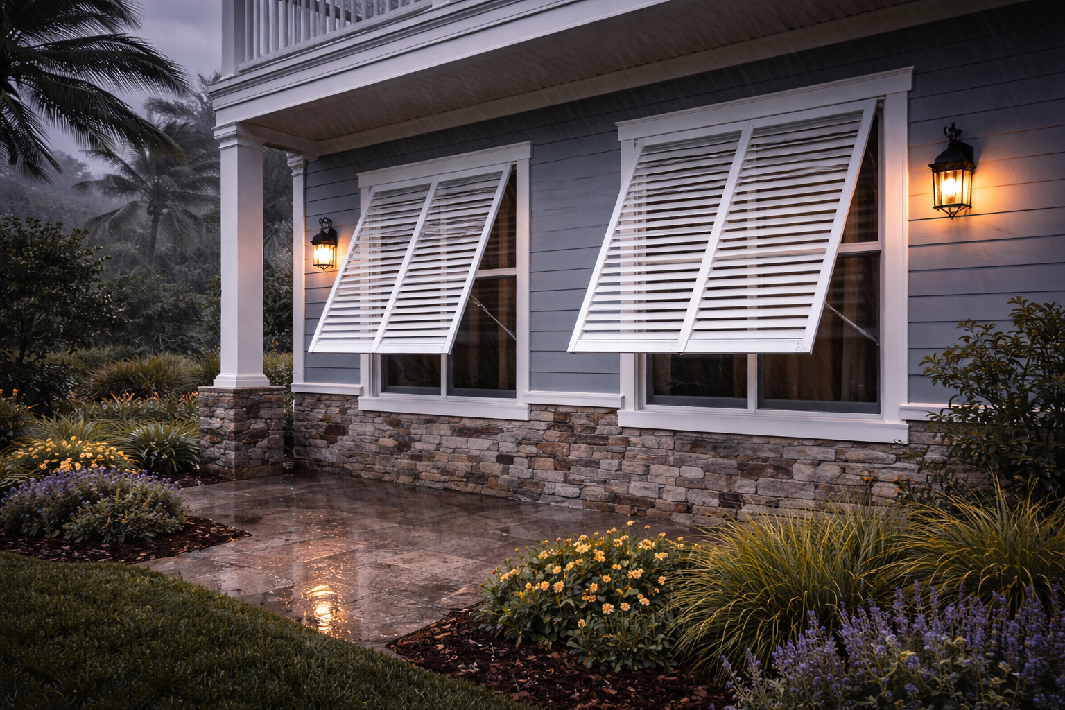 Exterior storm shutters providing impact protection and security for home windows in Lafayette, LA