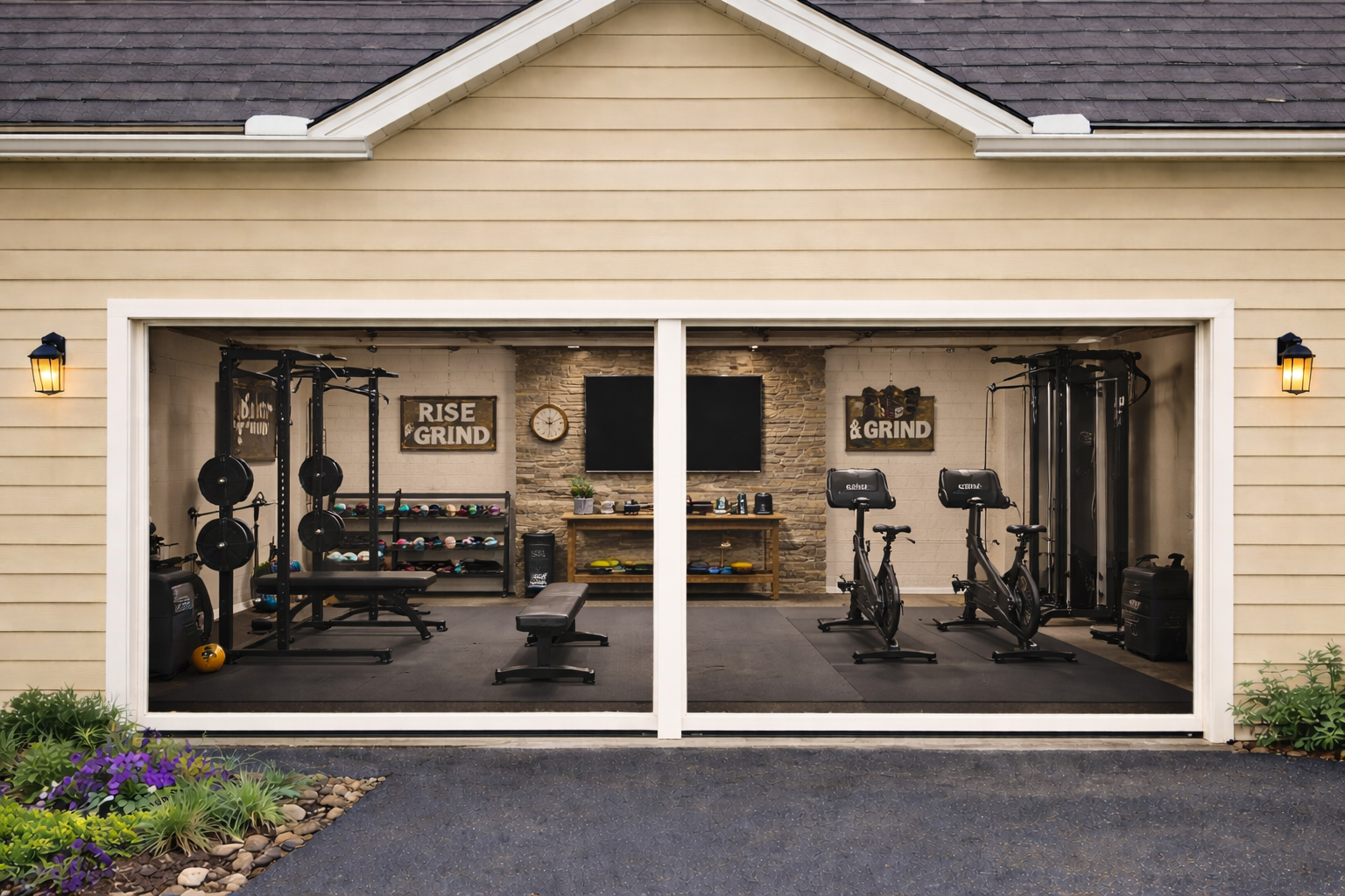 Garage motion screens installed on a home gym to improve airflow and usability in Lafayette, LA